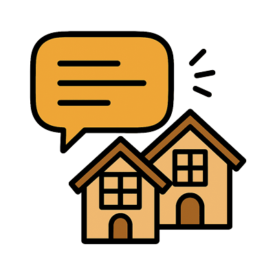 Icon zum Thema „Sprich mit deinen Nachbarn“: Zwei Häuser und eine Sprechblase